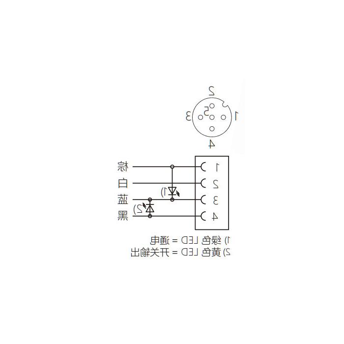 M12 4Pin 母头90°、带LED灯、IP 69K-ECOLAB、食品级、单端预铸PVC非柔性电缆、灰色护套、64E063-XXX